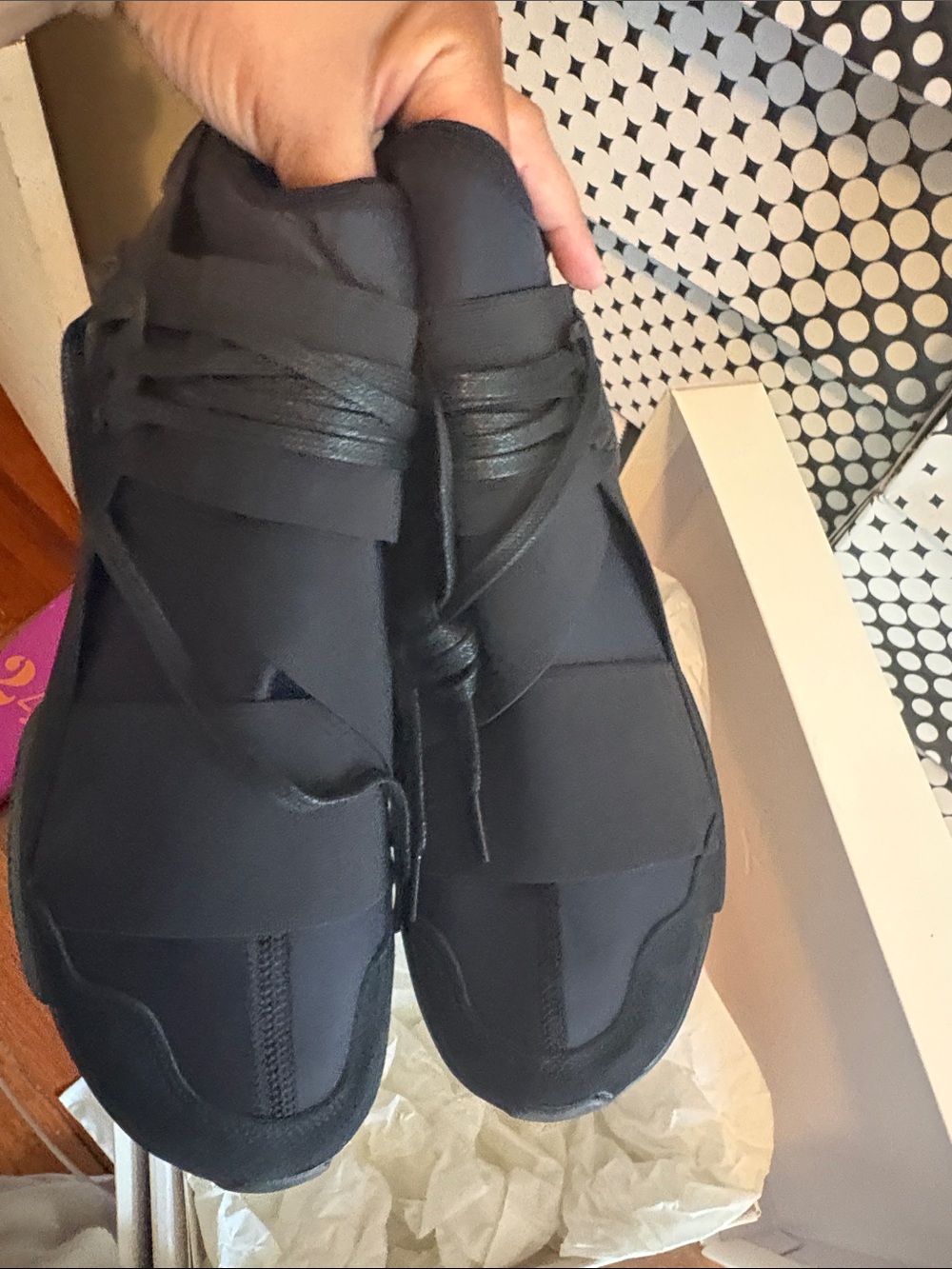 Y-3 Men's Black Slip-On Sock Sneakers with Leather Straps